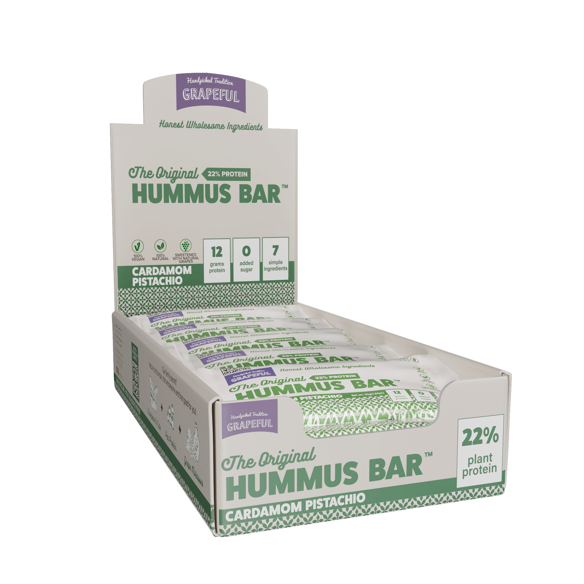 Box of Grapeful Hummus Bars with visible branding and product details.