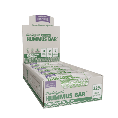 Box of Grapeful Hummus Bars with visible branding and product details.