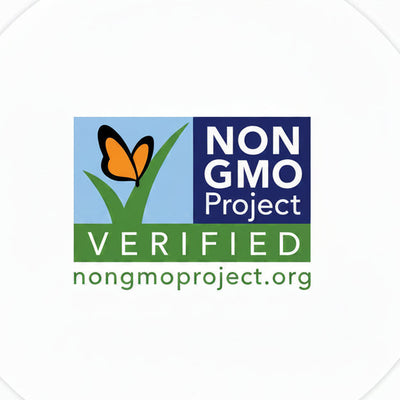 Non-GMO Project Verified logo with a butterfly and grass on a blue and green background.